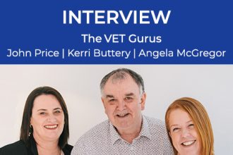 John Price, Kerri Buttery, and Angela McGregor featured in a VET sector interview graphic.