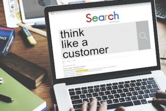 A laptop screen shows a search for 'think like a customer', highlighting the importance of customer experience in the vet.