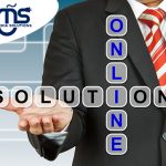 A business professional highlights 'online solutions' within a crossword puzzle, representing OMS services.